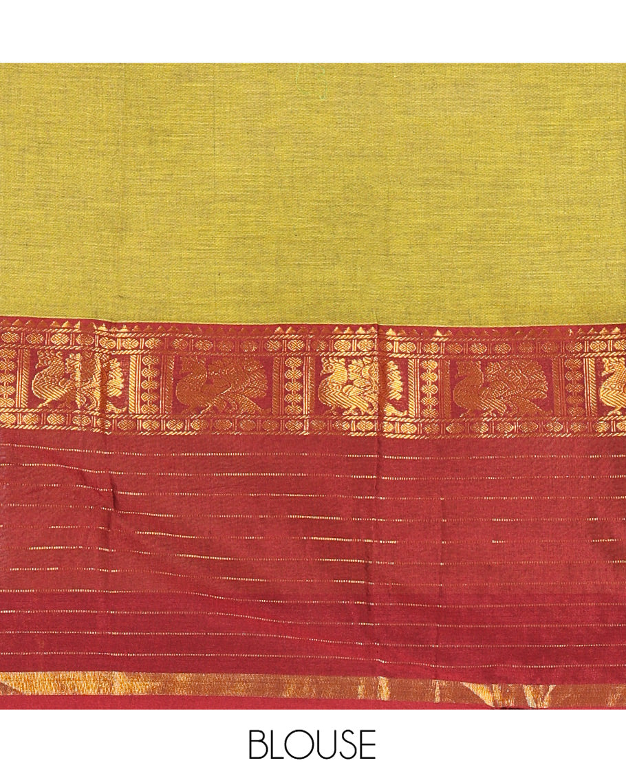 Mehendi-Maroon Mercerised Cotton Half-Saree, Contrast Annam Bordered Skirt,Matching Blouse,Contrast Dhavani