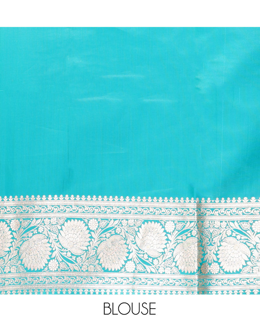 Blue Semi-Banaras Saree, Richly Detailed with Jaal Jacquard on Its Body, Highlighted by Floral Creeper Design Border, Intricately Designed Pallu, and Paired with a Contrast Blouse