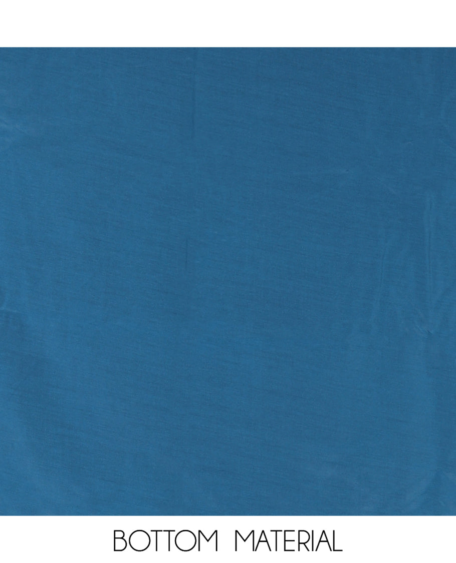 Rama Blue Chanderi Tissue Material Chudiddar, Buttas Neckwork Top, Plain Bottom, Contrast Floral Dupatta