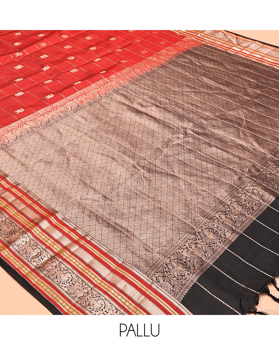 Maroon Striped-Mayil Buttas Vasundhara Silksaree, Contrast Border of Mayil Kann,Mayil, and Yaali, Jaal Pallu, and a Contrast Blouse