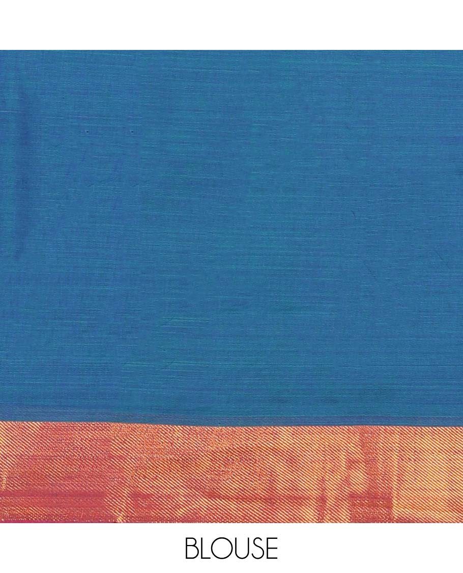 Blue mercerised cotton daman zari border half saree with cotton blouse & georgette one side zari border