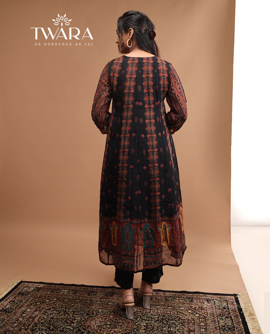 Twara black floral design v neck , 3/4 th sleeve , below knee length kurti with striaght pants floral dupatta