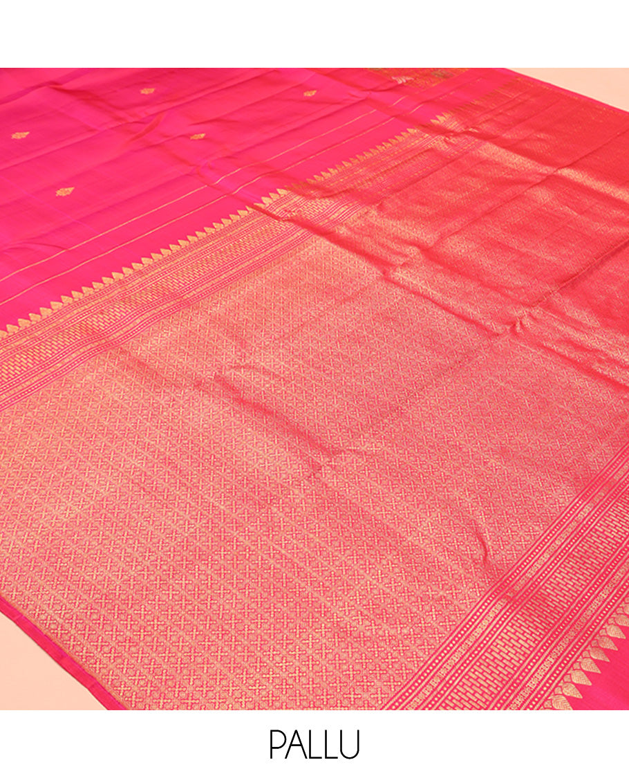 Pink Kanchipuram Designer Silk Saree, Meticulously Woven with Zari Buttas and Flora-Fauna Zari Buttas On Its Body, Highlighted by Traditional Zari Border, Grand Pallu and Paired with a Matching Blouse
