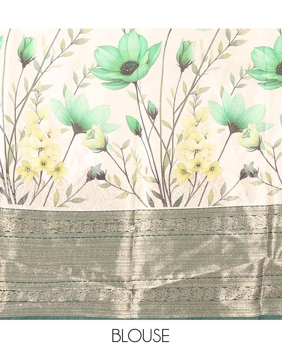 Cream-Green Semi-Silk Half-Saree Features Floral Printed Skirt, Contrast Border, Matching Blouse, Floral Printed Dhavani