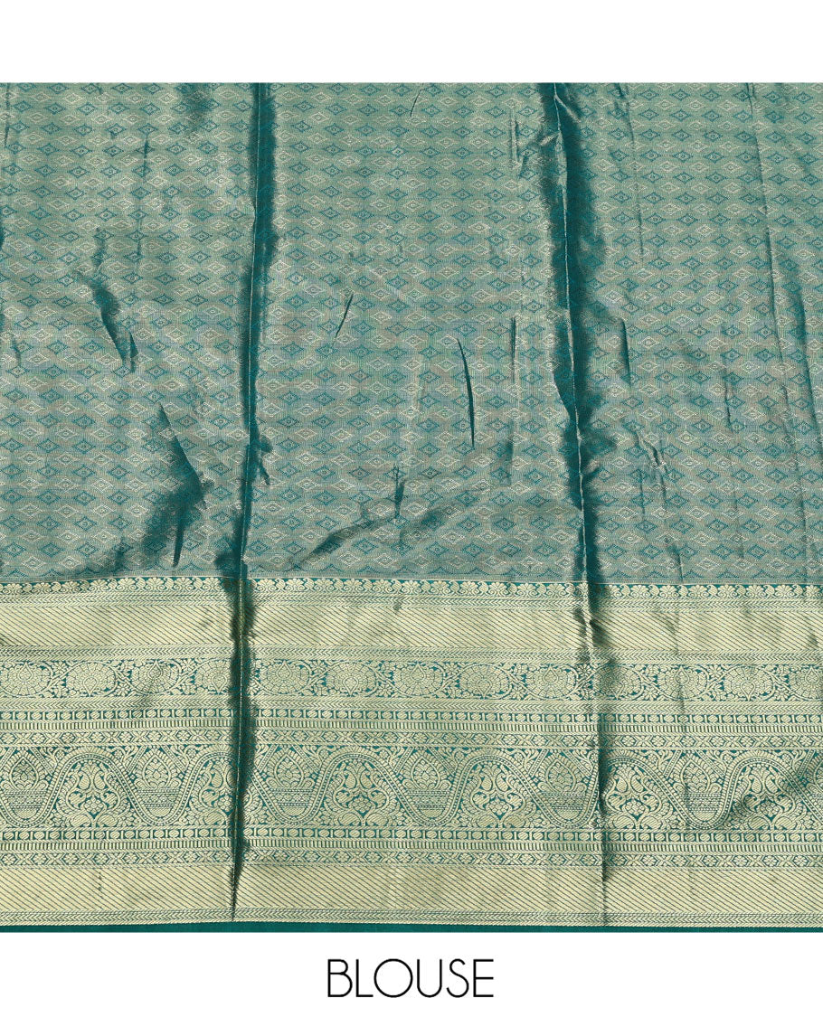 Peach Art Silk Half-Saree, Adorned with Jacquard Design, Contrast Traditional Zari Border, Paired with a Contrast Jacquard Blouse, and an Intricate Dhavani