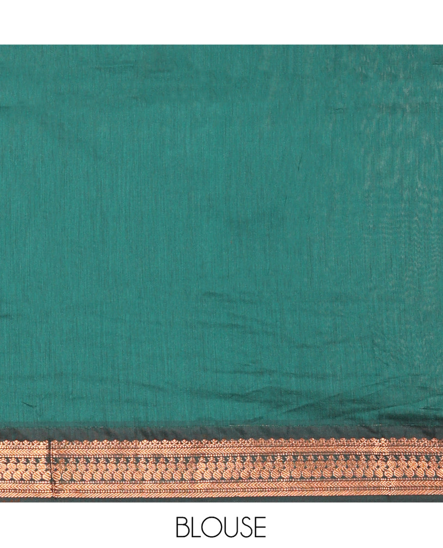 Red Plain Kalyani Cotton Saree, a Contrast Traditional Zari Border, Grand Pallu, and a Contrast Blouse