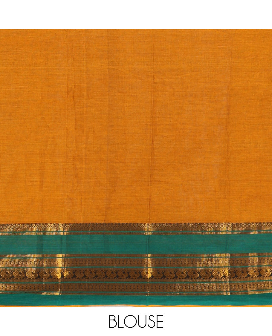 Mustard-green Mercerised cotton half-saree, plain & contrast rettai pettu traditional border skirt, matching blouse & zari border syska georgette dhavani
