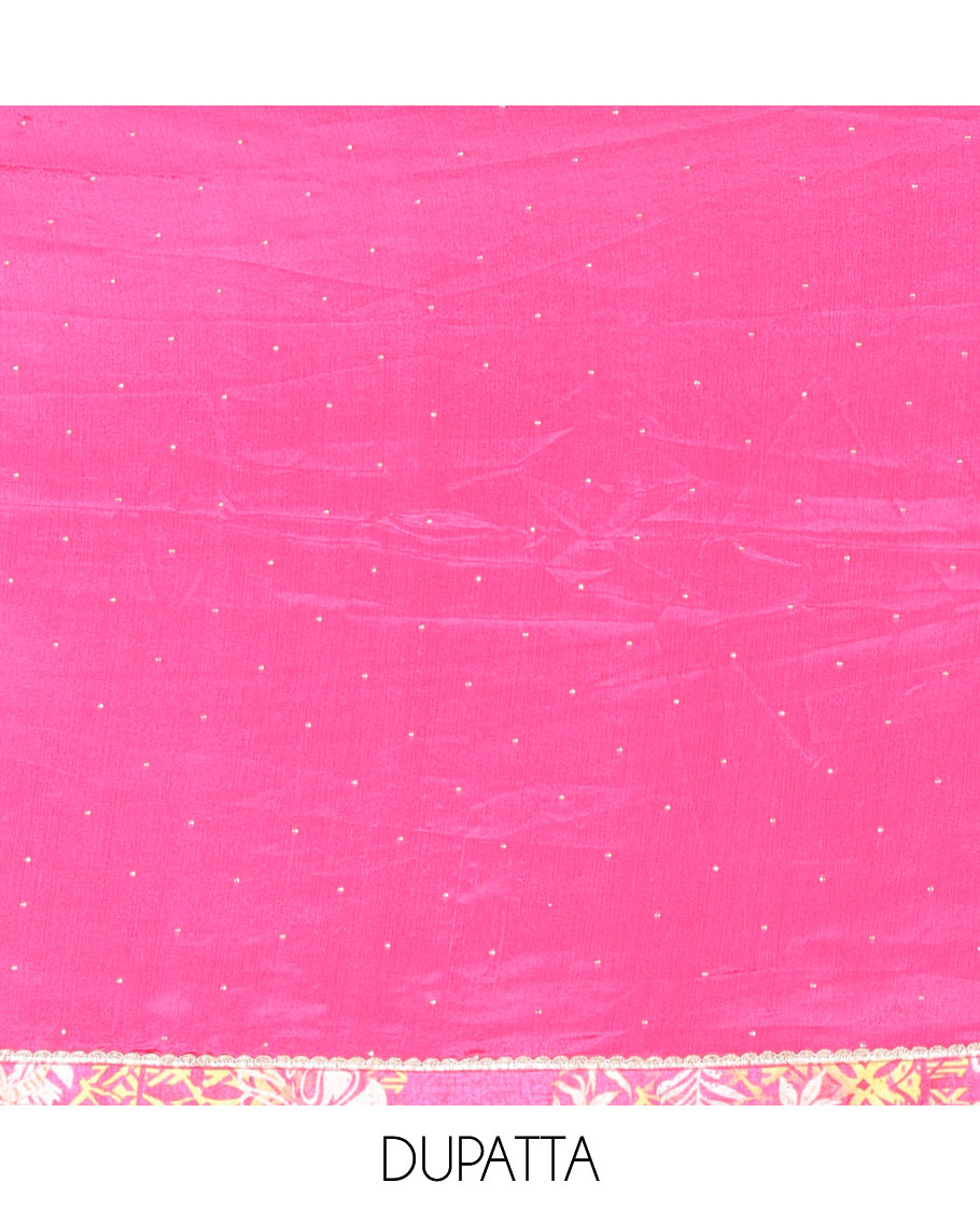 Rani Pink Material Chudidar Set Adorned with Floral-Geometric Printed with Neck Embroidered Chinon Top, Subtly Made Plain Santoon Bottom, and a Chinon Dupatta Featuring Printed Border, and Glitter Dots