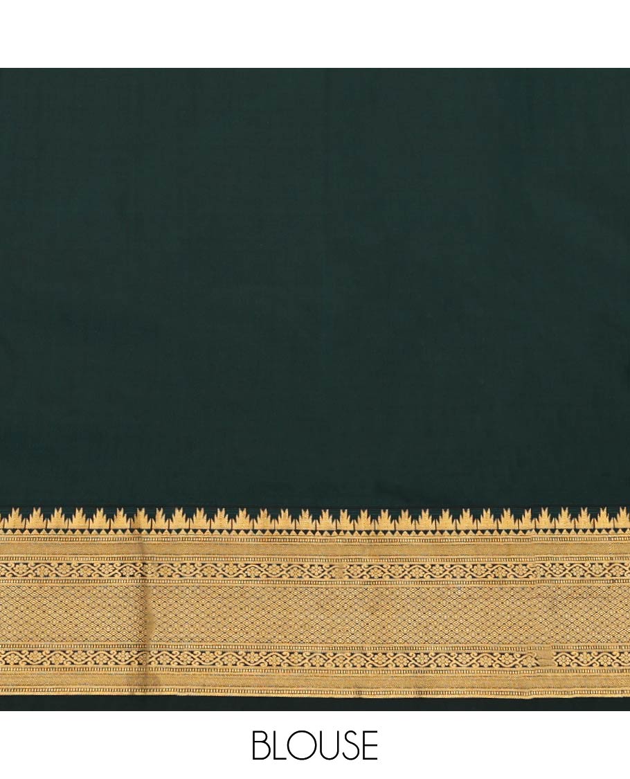 Dark Green Budget Silk Saree, Beautifully Detailed with Peacock-Chakram Butta Enclosed Checks All Over Its Body, Highlighted by a Temple Zari Border of Traditional Designs, Pallu Depicts Mughal-Style Designs, and Paired with a Matching Blouse