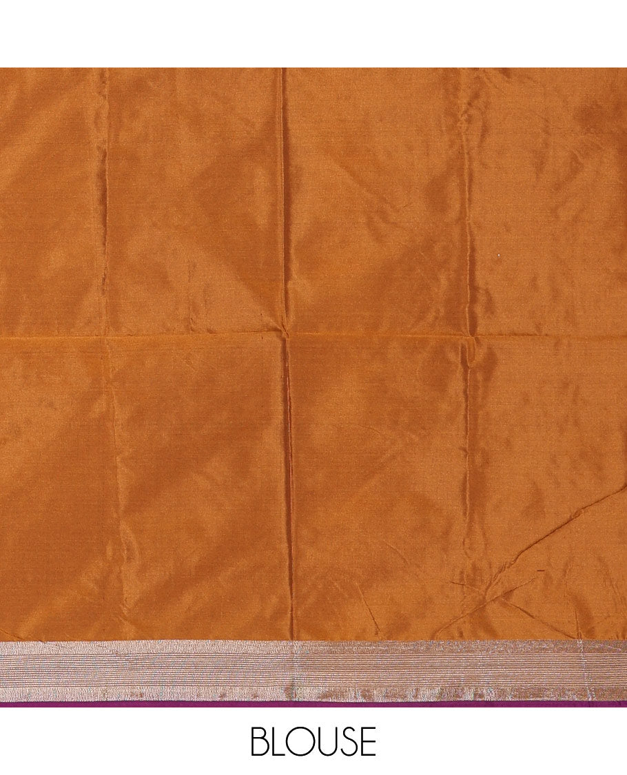 Purple and mustard half-saree, peacock butta with contrast bordered taffeta silk skirt, a plain blouse, and a contrast bordered syska georgette dhavani