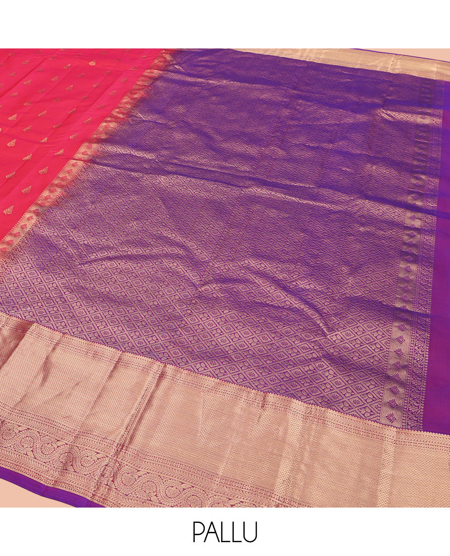 Pink Vasundhara Lite Silk Mix Saree, Accentuated with Zari Buttas All Over Its Body, Complemented by a Contrast Border of Rekku, Kathir, Mayil Kann, and Dhavana Kodi Designs, Gracefully Decorated Pallu of Jaal Designs, and Paired with a Contrast Blouse