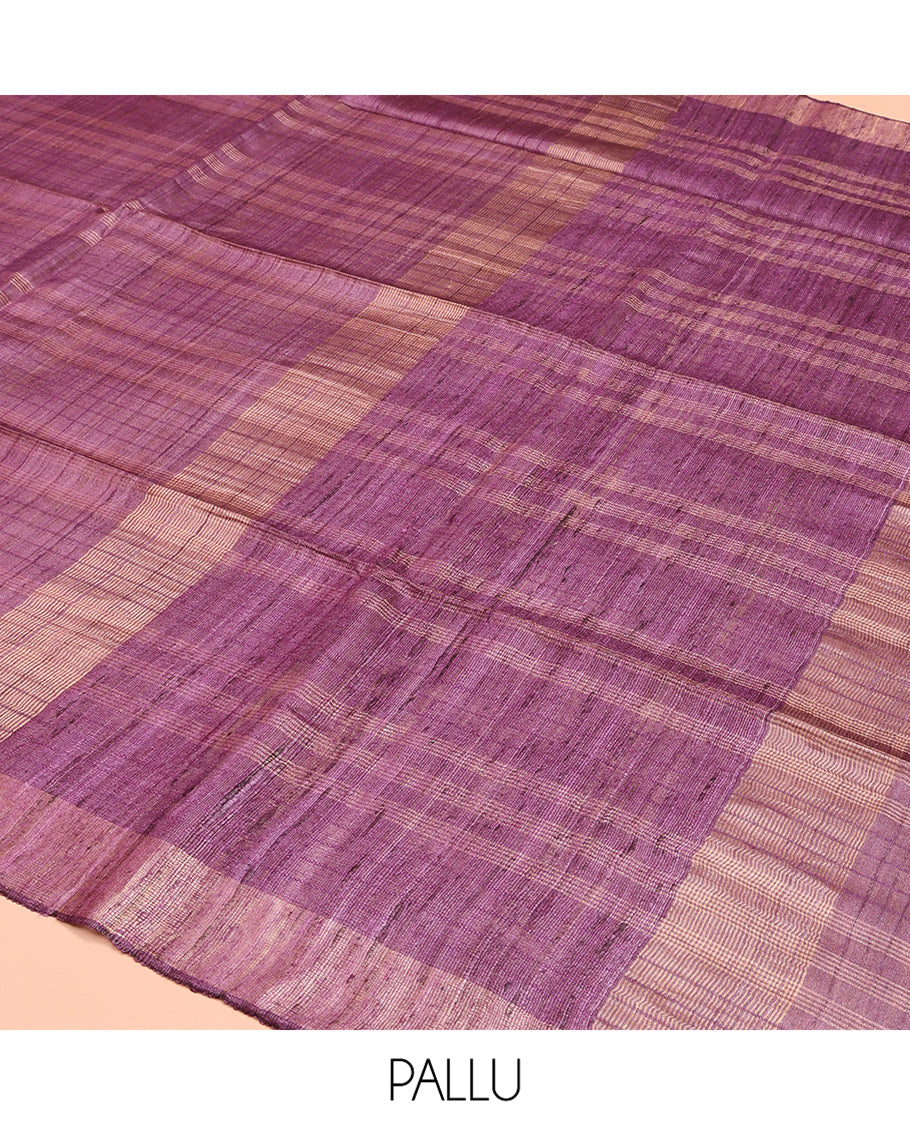 Purple Tussar Saree, Subtly Sparkled with Stripes and Checks, a Subtle Border, Striped Pallu, and a Matching Blouse