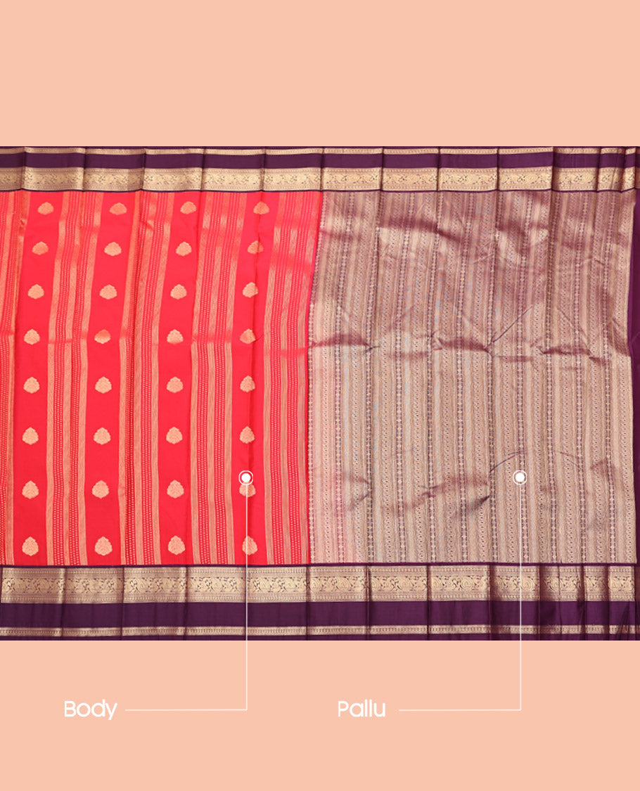 Red Budget Silk Saree, Gracefully Embellished with Zari Buttas and Stripes, Complemented by a Contrast Traditional Zari Border, Geometric Pallu, and a Contrast Blouse