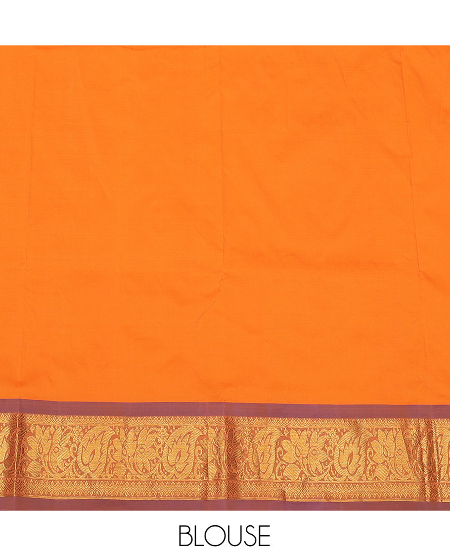 Orange Art Silk Pavadai Material Set, Woven with Zari Designs on Its Skirt, Complemented by a Contrast Traditional Zari Border, and a Matching Blouse
