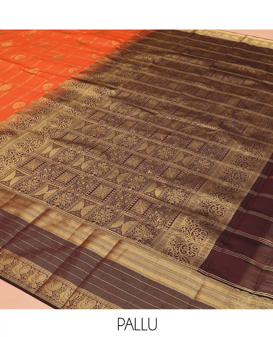 Orange Vasundhara Lite Silk Mix Saree, Adorned with Zari Butta Enclosed in Checks on Its Body, Complemented by a Contrast Border of Traditional Designs, a Grand Intricately Checked Pallu, and Paired with a Contrast Blouse