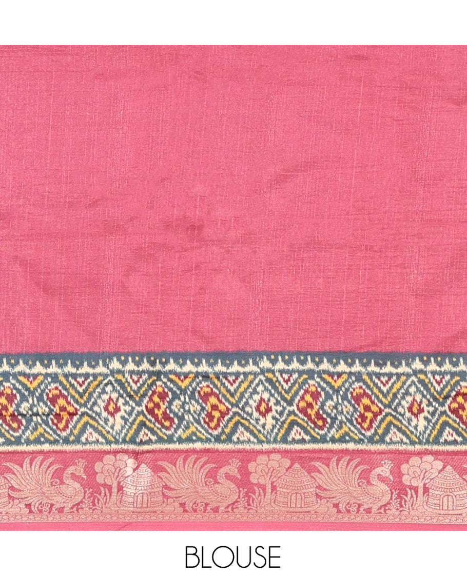 Yellow Kalamkari Saree, Adorned with Floral Vine Print, Complemented by Contrast Zari Woven Border, Ikkat Pallu, and a Contrast Blouse