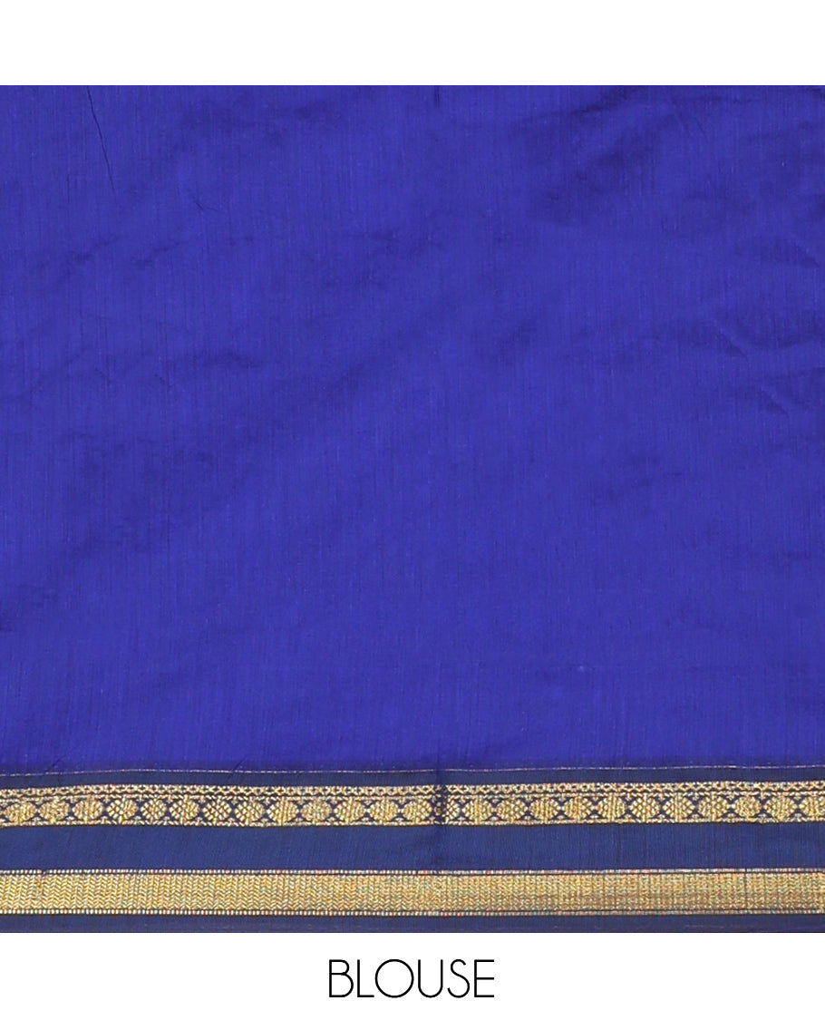 Green Kalyani Cotton Saree, Woven with Thread Buttas, Complemented by a Contrast Rettai Pettu Traditional Border, Traditional Pallu, and a Contrast Blouse