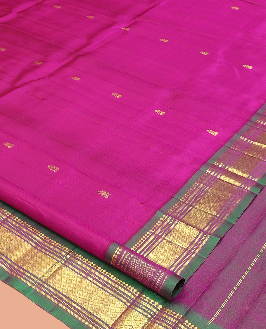 Pink Kanchipuram Silk Saree, Woven with Zari Buttas, a Contrast One-Sided Border of Panner Sombu, Banaras, Muthu, and Mayil Kann Designs, Zari Design Pallu, and No Blouse