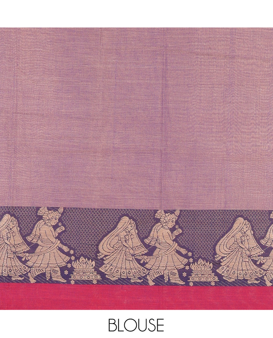 Dusky Lavender Mercerised Cotton Half-Saree Features a Plain Skirt, a Contrast Wedding-Themed Border, a Matching Blouse, a Contrast Dhavani