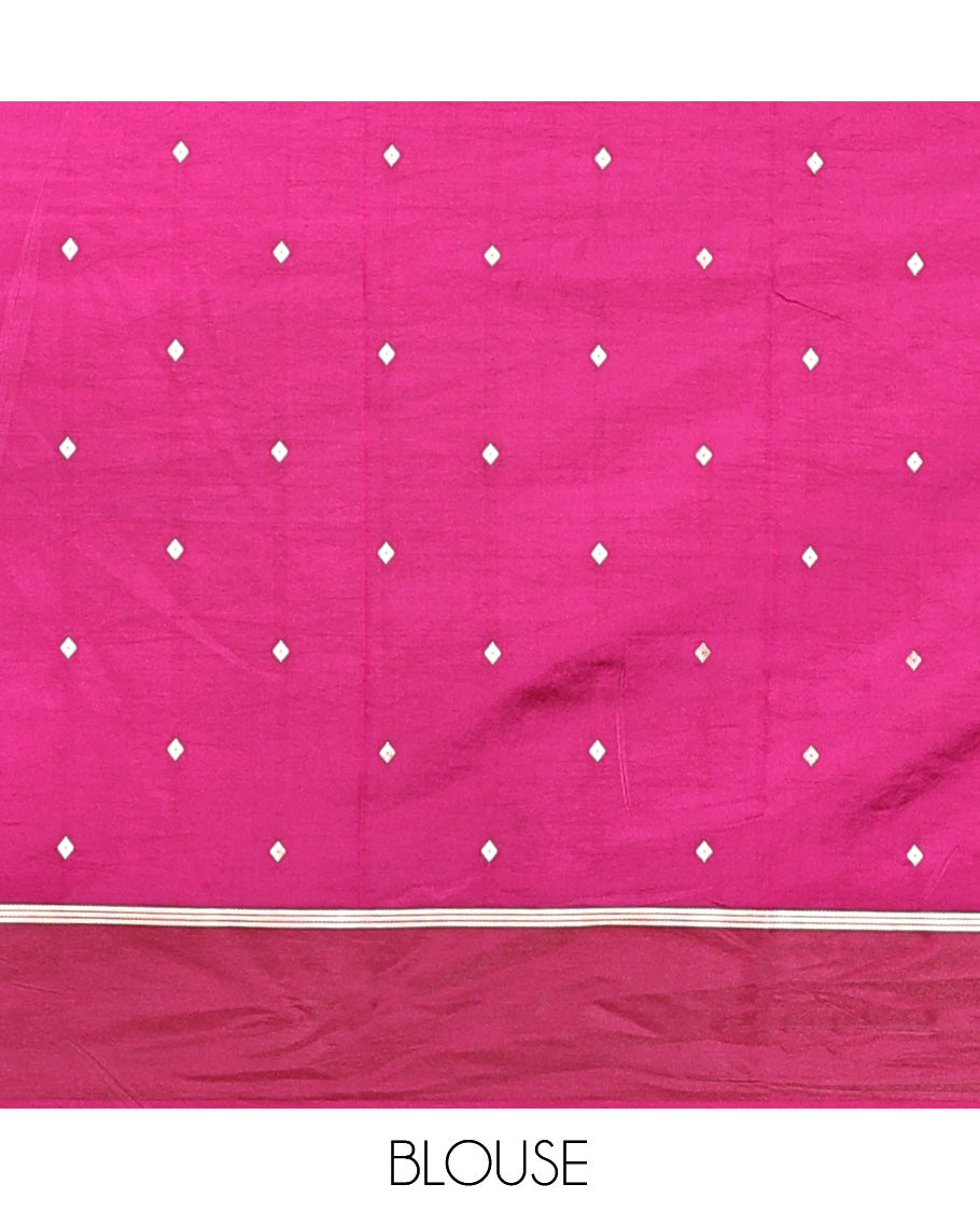 Blue Satin Silk Saree, Adorned with Buttas and Stripes, Complemented by a Contrast Elephant Motif Border, Grand Jaal Pallu, and a Contrast Blouse