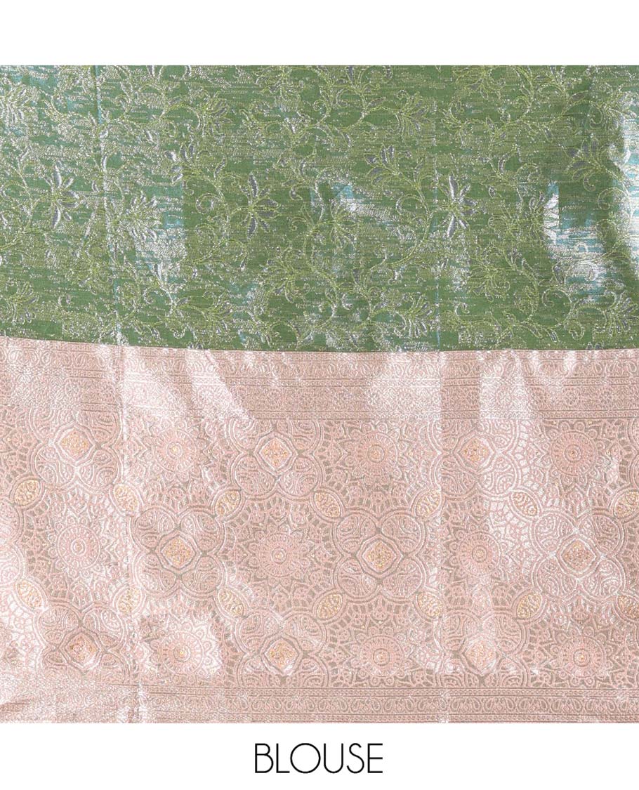 Green Banarasi Half-Saree Featuring Jacquard Design Skirt, Complemented by Contrast-Rich Zari-Woven Intricate Border, Paired with a Matching Blouse, Contrast Velvet Organza Stone Work Dhavani, and Brocade Belt