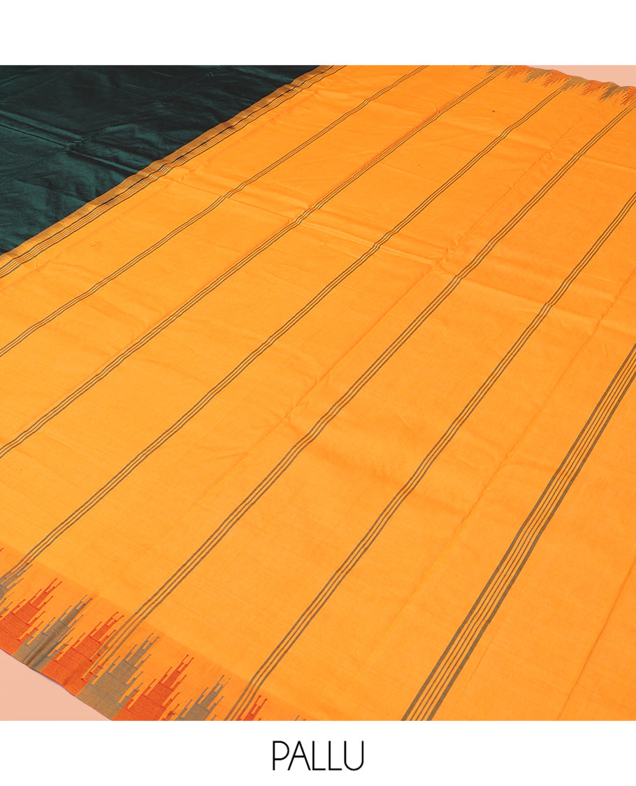 Green Plain Bangalore Silk Saree, Complemented by a Contrast Temple Border, Striped Pallu, and Contrast Blouse