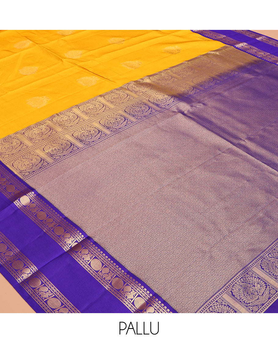 Yellow Vasundhara Lite-Silk Mix Saree, Sparsely Woven with Zari Buttas, a Contrast Rettai Pettu Border of Mayil and Rudraksham Design, Intricately Designed Pallu, and a Contrast Blouse