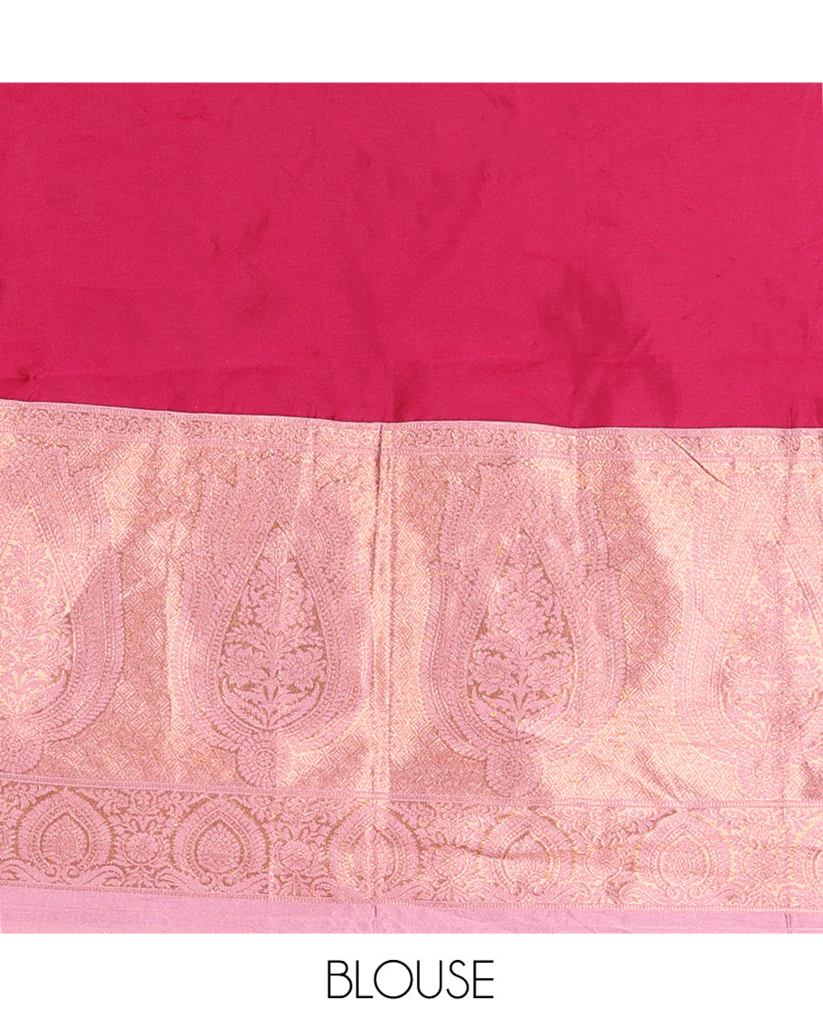 Rani Pink Semi-Banaras Half-Saree, Plain Contrast Intricate-Bordered Skirt, Matching Blouse, Contrast Dhavani