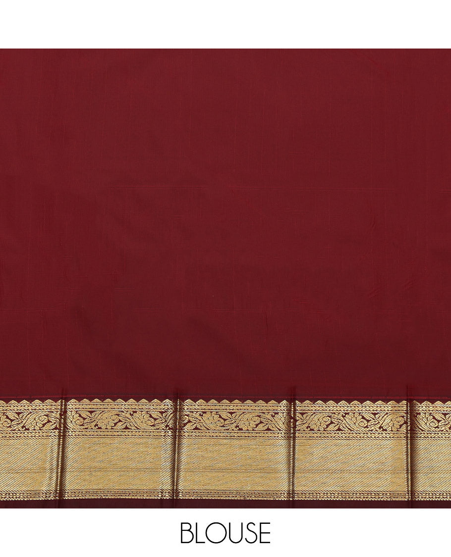 Red Budget Silk Saree, Adorned with Zari Buttas and Checks, Complemented by a Contrast Traditional Zari Border, Geometric Pallu, and a Contrast Blouse
