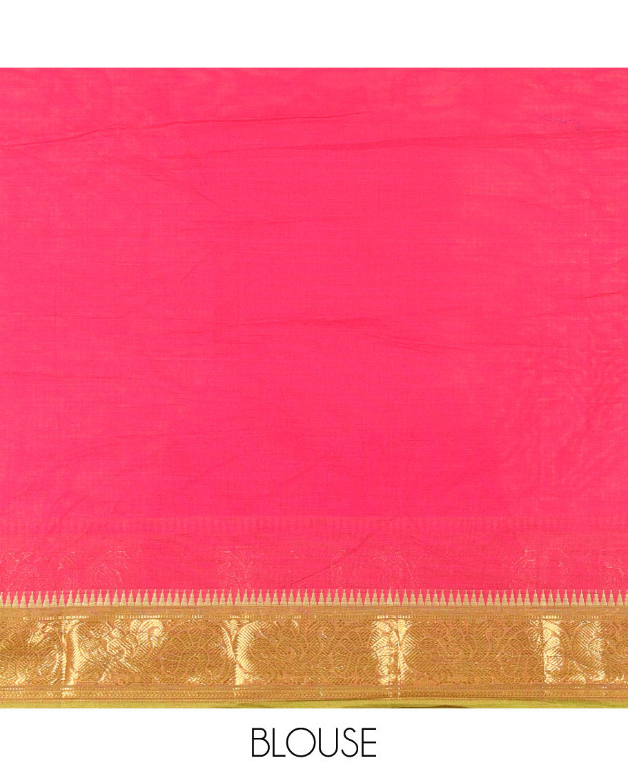 Rani Pink and Parrot Green Chettinad Cotton Half-Saree Featuring a Plain Skirt, Highlighted with a Contrast Floral-Peacock Zari Border, a Subtly Woven Matching Blouse, and a Vichitra Silk Contrast Traditional Zari Bordered Dhavani