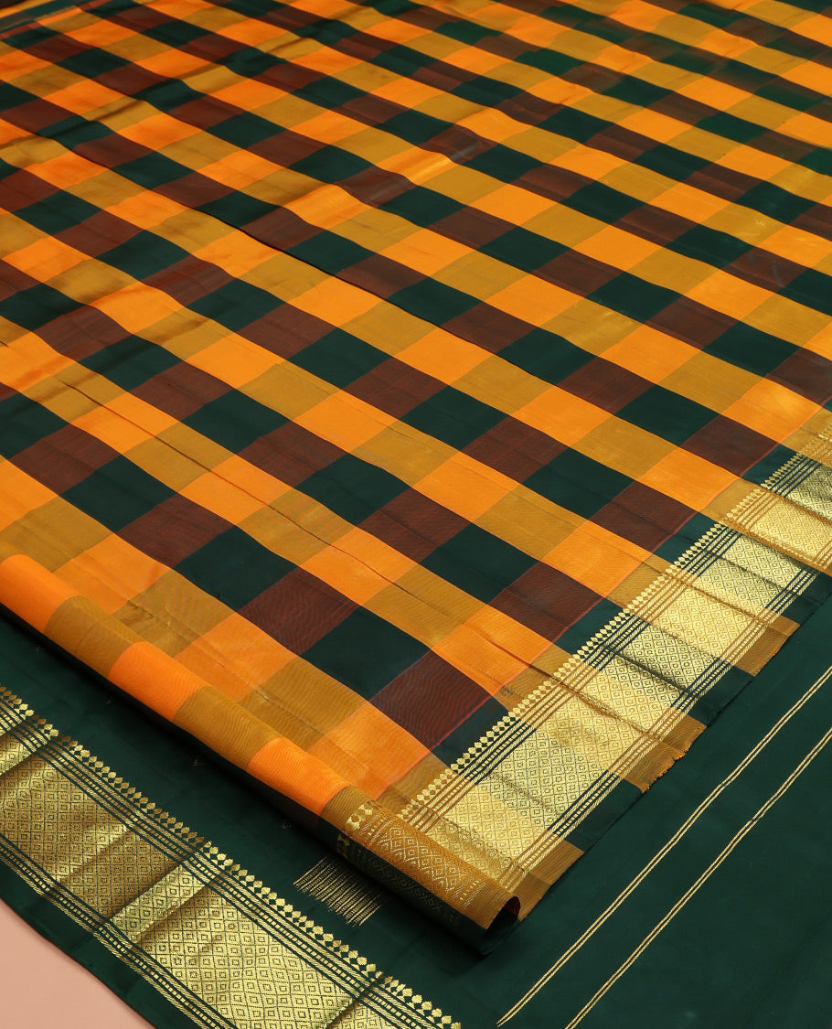 Multi-Color Checked Kanchipuram Silk Saree, Zari One-sided Border of Panner Sombu, Banaras, Muthu, and Mayil Kann Design, Zari Woven Pallu, and No Blouse