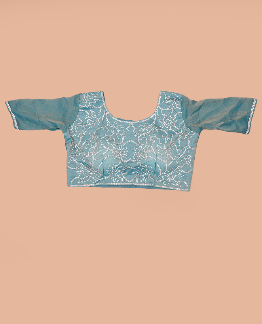 Blue plain designer saree, scallop embroidered border, and a matching elbow sleeve blouse of floral vine in micro-stones