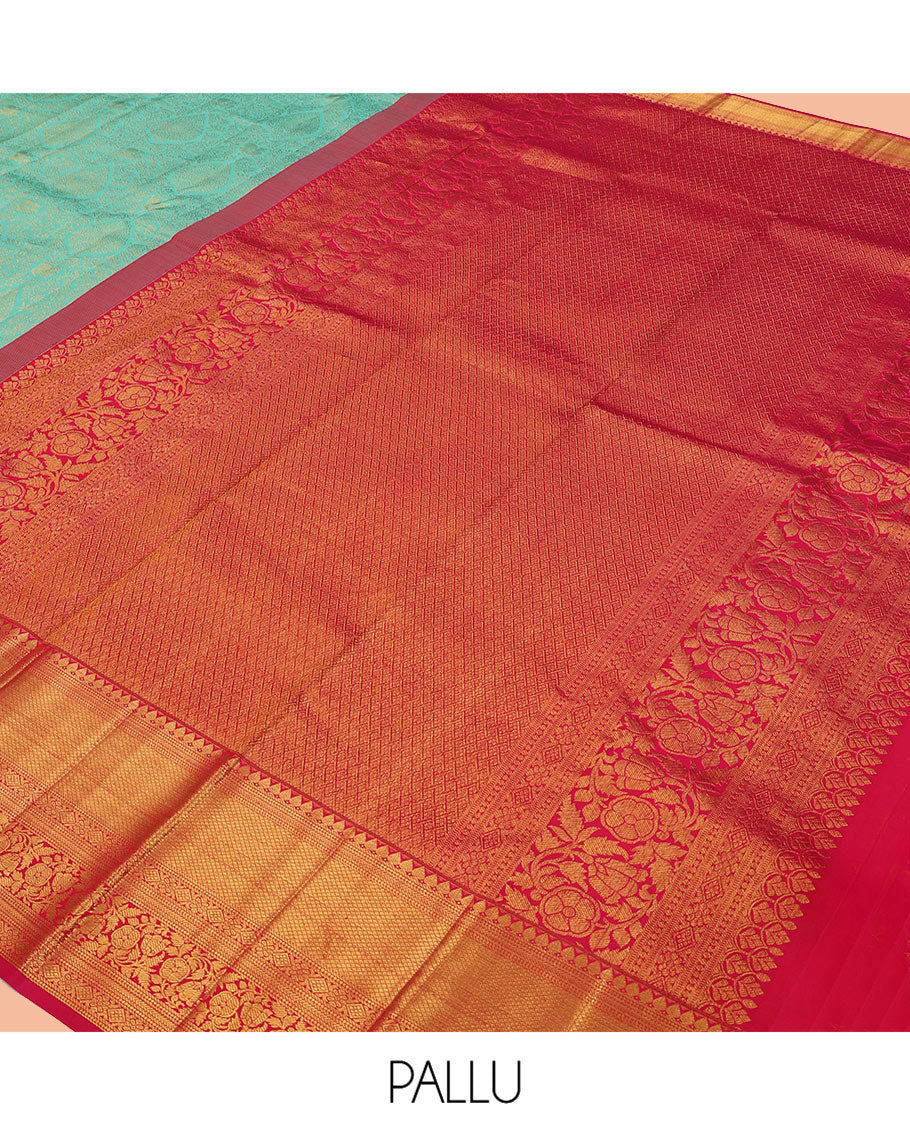 Turquoise Kanchipuram Wedding Silk Saree, Enriched with Jacquard Design, Contrast Border of Thilakam Mokku, Kathir, Mayil Kann, and Kodi Visiry, Jaal Pallu, and a Contrast Blouse