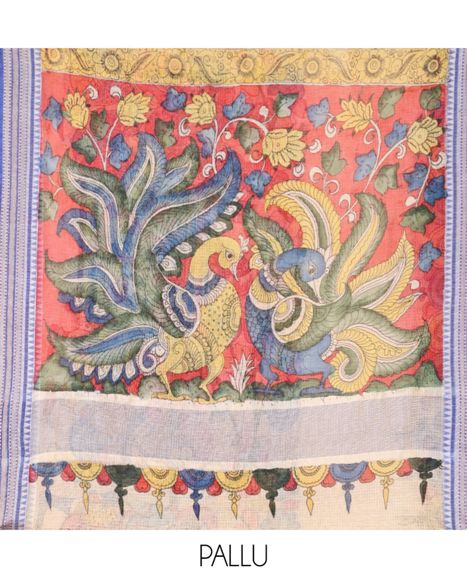 Light Sandal Kalamkari Silk Saree, Masterfully Woven with Human Figurines, a Contrast Traditional Border, Peacock Pallu, and a Contrast Blouse
