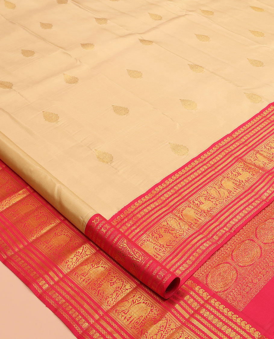 Sandal Kanchipuram Silk Saree, Subtly Woven with Zari Buttas, a Contrast Korvai Border of Manga Mokku, Neli, Poun, Yaali, Yaanai, and Mayil Designs, Intricate Pallu, and a Contrast Blouse