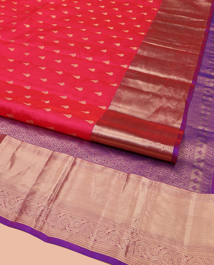 Pink Vasundhara Lite Silk Mix Saree, Accentuated with Zari Buttas All Over Its Body, Complemented by a Contrast Border of Rekku, Kathir, Mayil Kann, and Dhavana Kodi Designs, Gracefully Decorated Pallu of Jaal Designs, and Paired with a Contrast Blouse