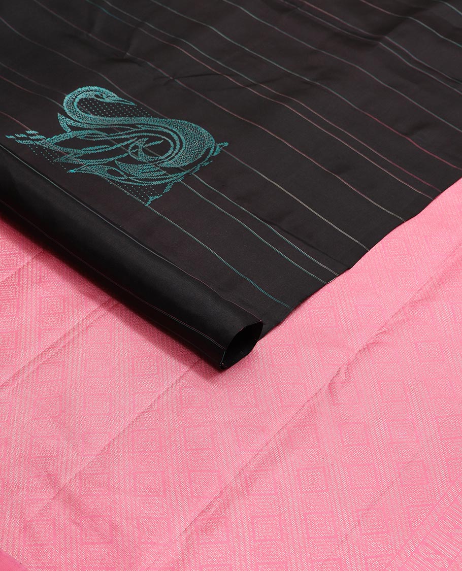 Borderless black striped, bird design kancheepuram silk saree with floral design pallu
