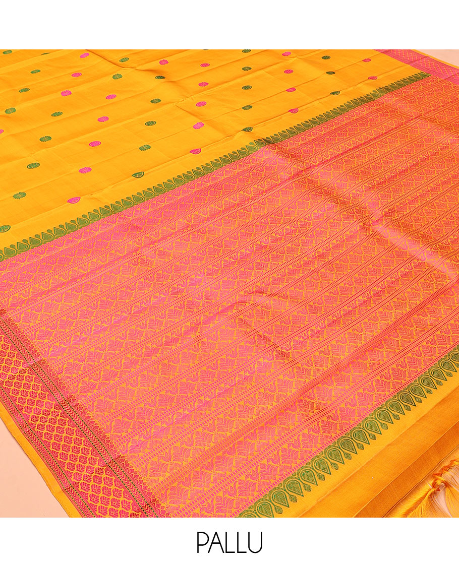 Yellow Thread Buttas Kanchipuram Silk Saree, a Threadwork Border, Intricate Threadwork Pallu, Matching Blouse