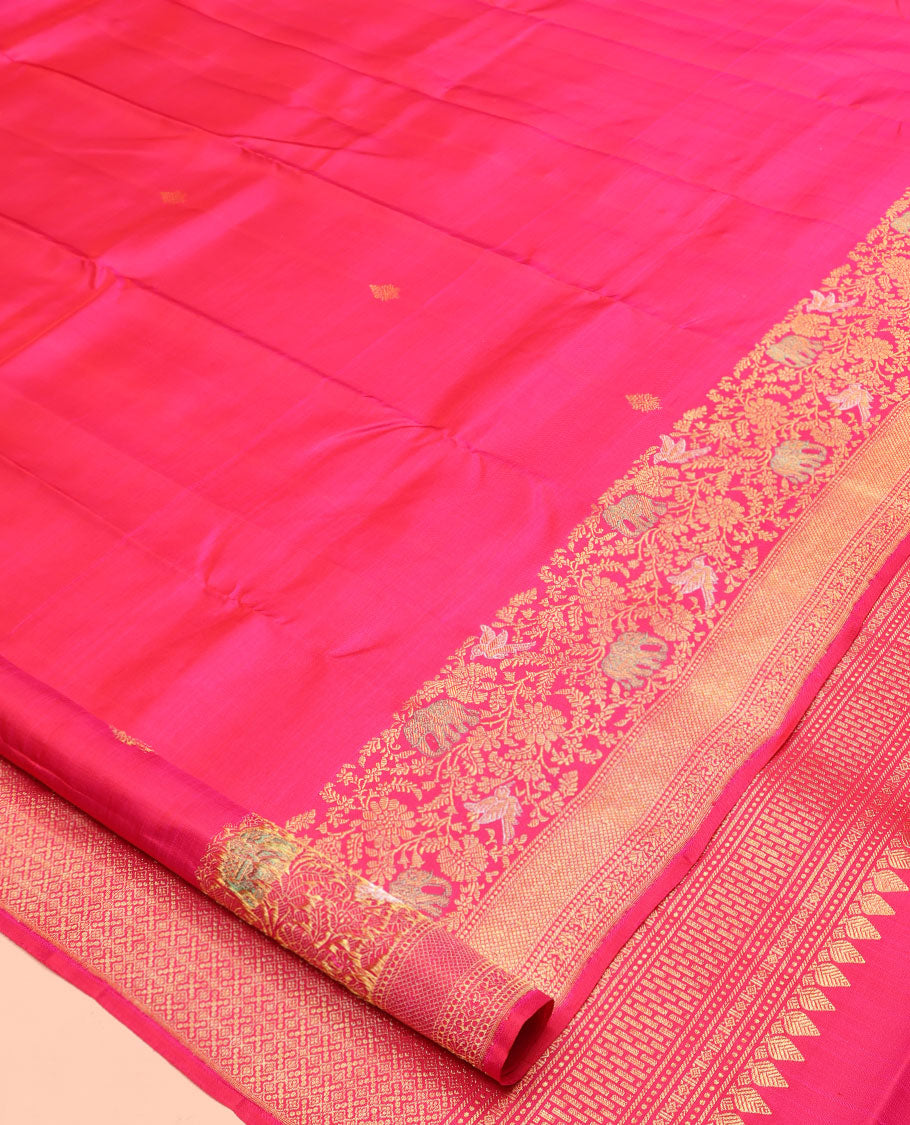 Pink Kanchipuram Designer Silk Saree, Meticulously Woven with Zari Buttas and Flora-Fauna Zari Buttas On Its Body, Highlighted by Traditional Zari Border, Grand Pallu and Paired with a Matching Blouse
