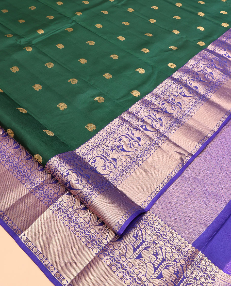 Green Vasundhara Silk Saree, Adorned with Zari Buttas, Complemented by a Contrast Border of Rudraksham, Neli, and Mayil Designs, Jaal Pallu, and a Contrast Blouse