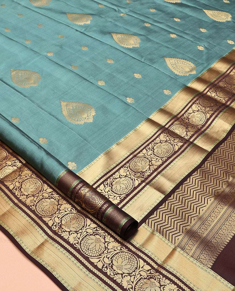 Blue Vasundhara Lite Silk Mix Saree, Woven with Zari Buttas, a Contrast Border of Kodi Visiri Designs, Grand Vanki Pallu, and a Contrast Blouse