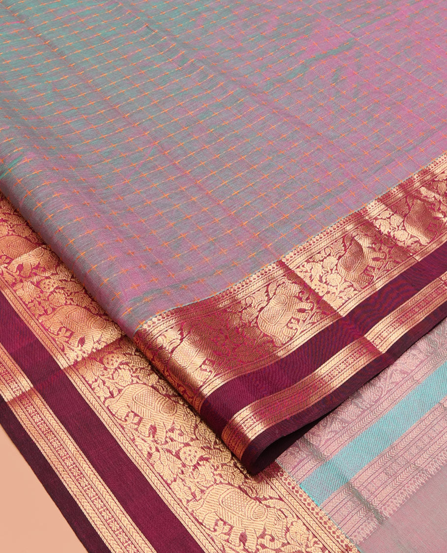 Purple Checked Kuppadam Silk Saree, Contrast Double-Pet Elephant Border, Grand Pallu, Matching Blouse