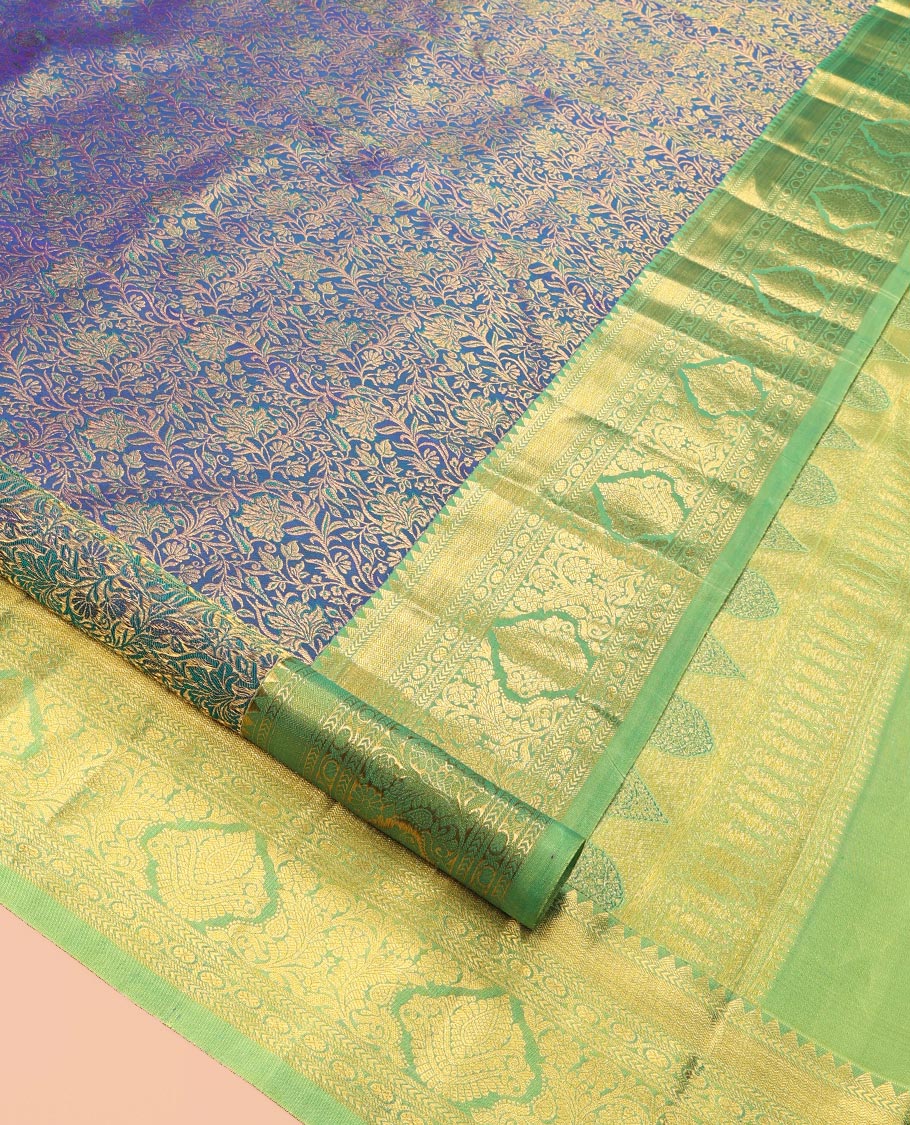 Blue Kanchipuram Wedding Silk Saree, Adorned with Floral Jaal Jacquard Design, a Contrast Border of Rekku, Kathir, and Kodi Visiry Design, Jaal Pallu, and a Contrast Blouse