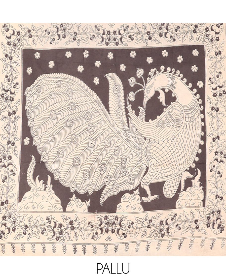 Black Machine Printed Kalamkari Cotton Saree Features a Floral Vine, Contrast Pichwai-Printed Border, Peacock-Printed Pallu, and a Matching Blouse