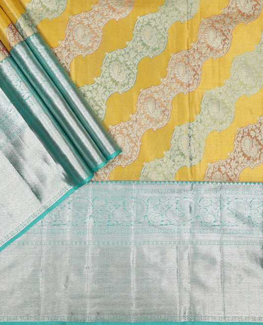 Green floral design silk half saree with contrast border of rekku, paun, muthu, banaras design, zari design blouse & floral design dhavani