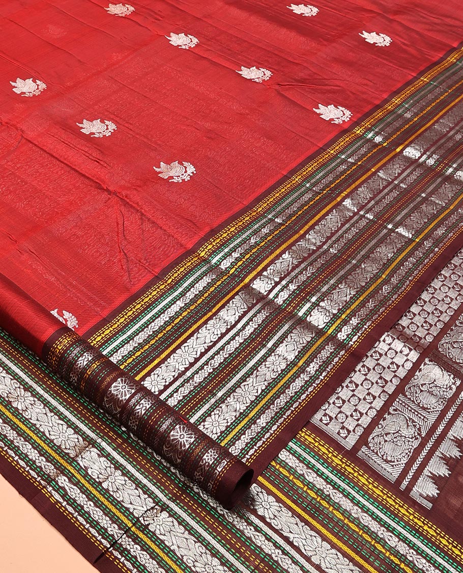 Red Zari Buttas Venkatagiri Silk Saree, a Contrast Traditional Border, Intricate Pallu, Contrast Blouse
