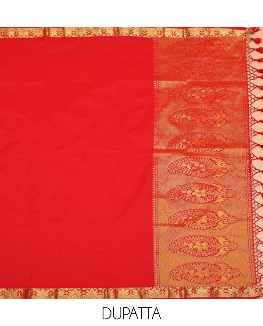 Green Art Silk Half-Saree, Adorned with Floral Jacquard Design, Contrast Traditional Zari Border, Paired with a Contrast Jacquard Blouse, and an Intricate Dhavani