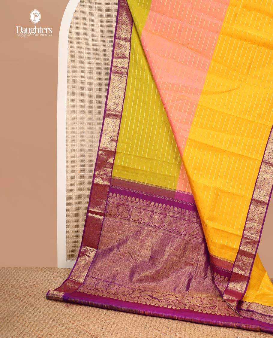Multi-color striped kancheepuram silk saree with contrast korvai border of thilakam mokku, kathir, paun, manga designs & zari design pallu