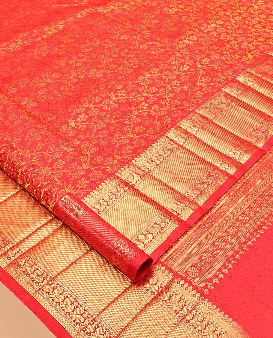 Red Kanchipuram Wedding Silk Saree, Spotlighted with Jacquard Design, Zari Border of Thilakam Mokku, Kathir, and Mayil Designs, Grand Jaal Pallu, and a Matching Blouse