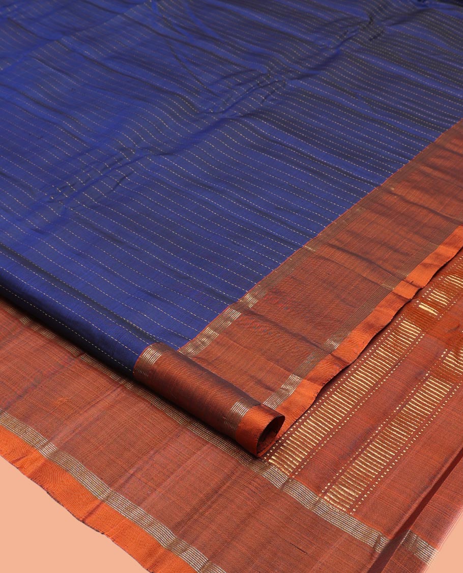 Blue Kanchipuram Silk Saree, Sparsely Woven with Muthu Zari Stripes, Complemented by a Contrast Border, Zari Design Pallu, and a Contrast Blouse